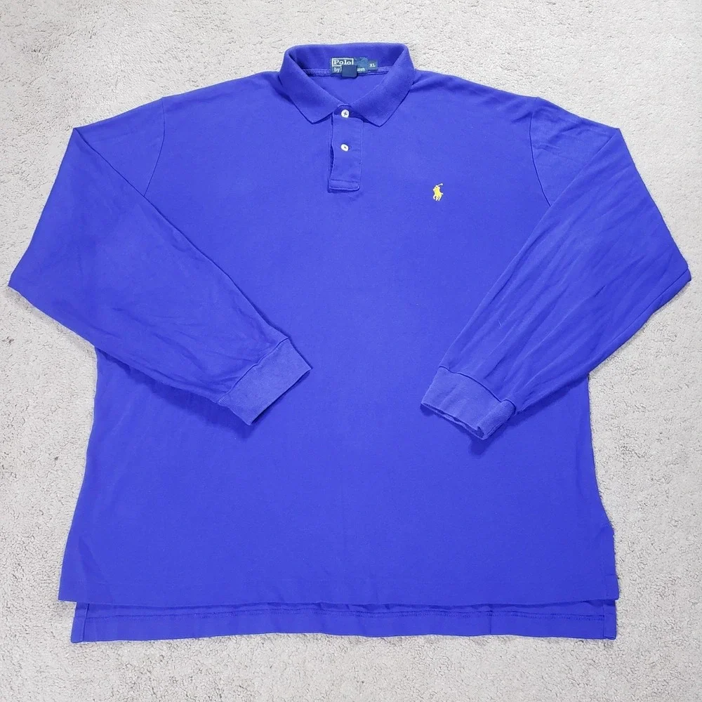 Ralph Lauren Long Sleeve Polo Shirt Mens XL Blue Preppy 90s Vintage Yellow Pony